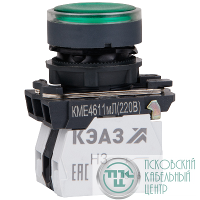 Кнопка КМЕ4511мЛ-220В-зеленый-1но+1нз-цилиндр-индикатор-IP54 КЭАЗ 309579