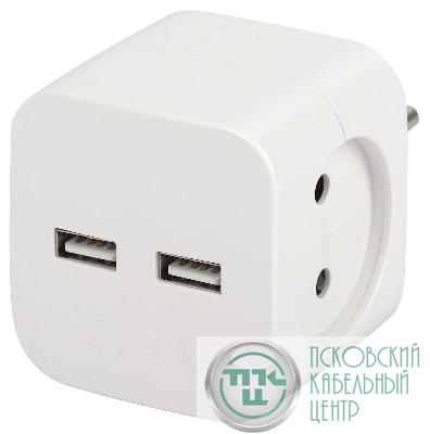 Разветвитель электрический SP-2-USB-W на 2 розетки 220В+ 2xUSB 2400мА без заземл 10А бел. Эра Б0049531