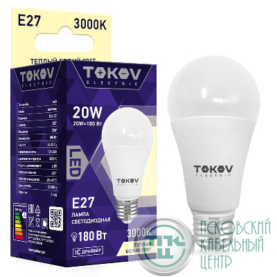 Лампа светодиодная 20Вт А60 3000К Е27 176-264В TOKOV ELECTRIC TKE-A60-E27-20-3K