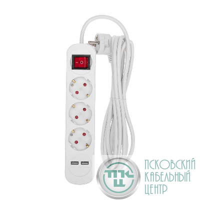 Удлинитель 3х3м с заземл. STANDARD 2хUSB 3х1кв.мм с выкл. бел. Rexant 13-4016