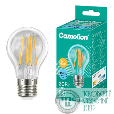 Лампа светодиодная филаментная LED20-A60-FL/845/E27 20Вт грушевидная прозрачная 4500К бел. E27 220-240В Camelion 13719