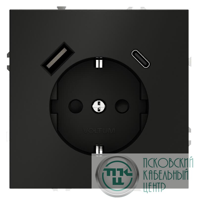 Розетка 1-м СП S70 16А с USB A+С с заземл. защ. шторки механизм черн. матов. Voltum VLS040508
