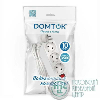 Удлинитель 3х10м с заземл. 16А IP20 3.5кВт ПВС 3х1 с выкл. бел. DOMTOK 2380