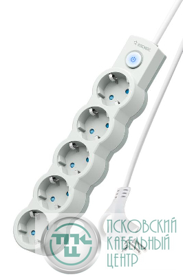 Удлинитель 5х5м с заземл. 10А IP20 2200Вт 220В защ. шторки ПВС 3х1 с выкл. бел. КОСМОС YKsm5m-5g-Z-V10A-W