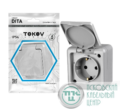 Розетка 1-м ОП Dita 16А IP54 250В с заземл. с крышкой сер. TOKOV ELECTRIC TKL-DT-R1Z-C06-IP54