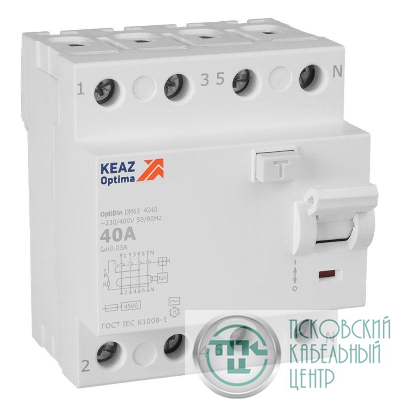 Выключатель дифференциального тока (УЗО) 4п 40А 30мА тип AC 4.5кА OptiDin DM63-4240 УХЛ4 КЭАЗ 343892