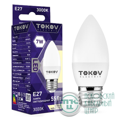 Лампа светодиодная 7Вт С37 3000К Е27 176-264В TOKOV ELECTRIC TKE-C37-E27-7-3K