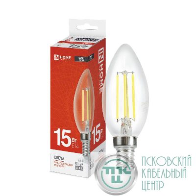Лампа светодиодная филаментная LED-СВЕЧА-deco свеча прозрачная 15Вт 230В E14 4000К 1455лм IN HOME 4690612055954