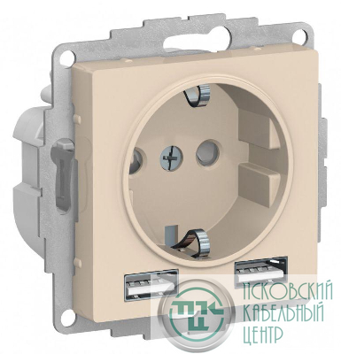Розетка 1-м СП AtlasDesign 16А IP20 с 2-мя заряд. устройствами USB тип A+A 5В/2.4А 2х5В/1.2А механизм беж. SE ATN000230