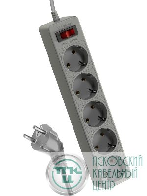 Удлинитель с сетевым фильтром 5х3м с заземл. 10А IP20 2.2кВт ПВС 3х0.75 с выкл. с индикатором сети сер. КОСМОС FKsm3m-5g(G)