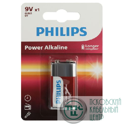 Элемент питания алкалиновый "крона" 6LR61 9В Power (блист.1шт) 6LR61P1B/51 Philips Б0062717