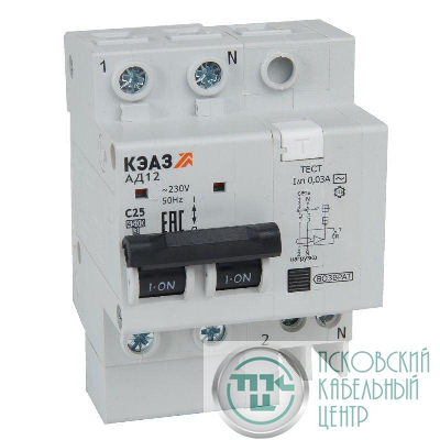 Выключатель автоматический АД12-22C25-АC-УХЛ4 дифференциального тока с защитой от сверхтоков (2P C25 30мА) 4.5кА КЭАЗ 318370