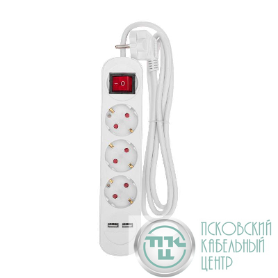Удлинитель 3х1.5м с заземл. STANDARD 2хUSB 3х1кв.мм с выкл. бел. Rexant 13-4015