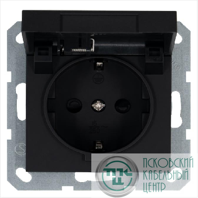 Розетка 1-м Shuko 16А IP20 с заземл. защ. шторки с крышкой механизм черн. матов. soft touch Jasmart G5505PB