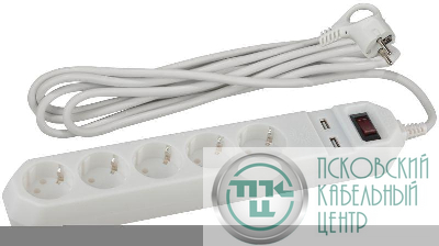 Удлинитель с сетевым фильтром 5х1.5м с заземл. 10А IP20 2хUSB ПВС 3х0.75 с выкл. бел. Эра Б0019037