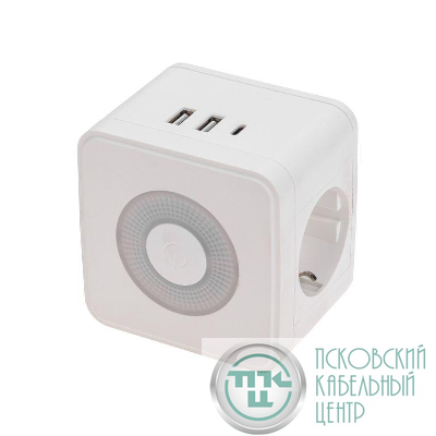 Двойник электрический Куб 16А с/з+2хUSB-A 2.4А+USB Type-C 3А с ночной подсветкой бел. Rexant 11-1251