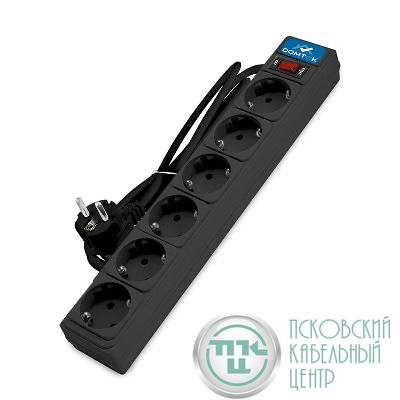 Удлинитель с сетевым фильтром 6х1.8м с заземл 10А IP20 2.2кВт ПВС 3х1 с выкл. черн. DOMTOK 2521