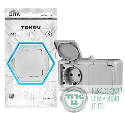 Розетка 2-м ОП Dita 16А IP54 250В с заземл. с крышкой сер. TOKOV ELECTRIC TKL-DT-R2Z-C06-IP54