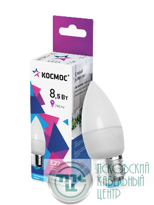 Лампа светодиодная 8.5Вт свеча 6500К холод. бел. E27 220В КОСМОС LkecLED8.5wCNE2765