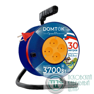 Удлинитель на катушке 4х30м без заземл. 16А IP20 3.7кВт ПВС 2х2.5 DOMTOK 2508