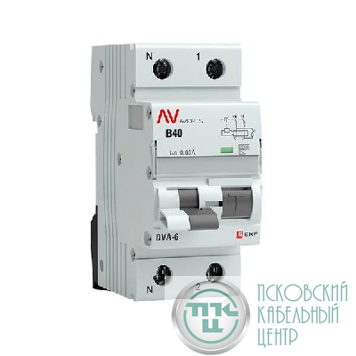 Выключатель автоматический дифференциального тока 2п (1P+N) C 40А 30мА тип AC 6кА DVA-6 Averes EKF rcbo6-1pn-40C-30-ac-av