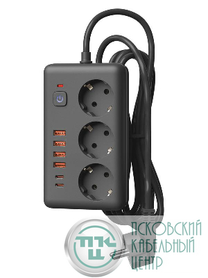 Удлинитель с сетевым фильтром 3х5м 10А 4USB + 2USBC 2500Вт ПВС 3х1 прямоуг. черн. КОСМОС FKsmPR-5m-3g(B)USB