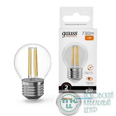 Лампа светодиодная филаментная Filament Elementary 12Вт шар 2700К Е27 730лм GAUSS 52212