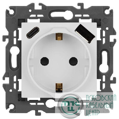 Розетка Elegance 14-4108-01 16A 250В 2P+E защ. шторки с USB type-A+C 3А 5В белый Эра Б0067736