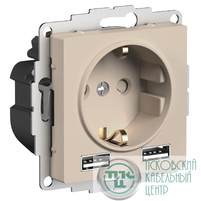 Розетка AtlasDesign 16А с 2-мя заряд. устройствами USB тип A+A 5В/2.4А 2х5В/1.2А механизм песочн. SE ATN001230