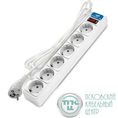 Удлинитель с сетевым фильтром 6х1.8м с заземл 10А IP20 2.2кВт ПВС 3х1 с выкл. бел. DOMTOK 2515