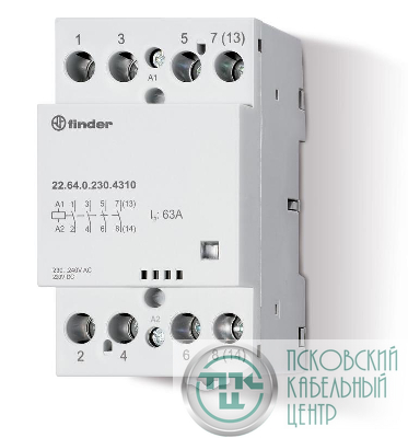 Контактор модульный 4NO 63А AgSnO2 230В AC/DC 53.5мм IP20 опции: мех. индикатор FINDER 226402304310