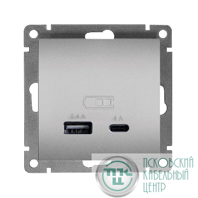 Розетка 2-м USB СП Афина тип А+С 5В 1х2.4А 2х4А механизм серебро Universal А0059-S