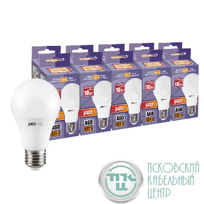 Лампа светодиодная PLED-SP 10Вт A60 3000К тепл. бел. E27 230В 50Гц (уп.10шт) JazzWay 1034014