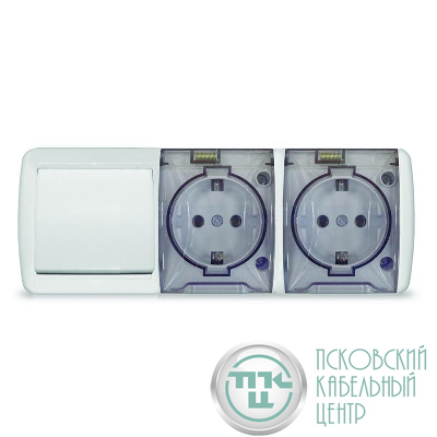 Блок ОП Клио 1-кл. выкл. 10А + розетка 2-м 16А 250В с заземл. с прозр. крышкой бел. Universal К2238