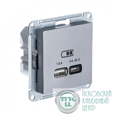 Розетка USB AtlasDesign тип A+C 45Вт QC PD высокоскор. ЗУ механизм сталь SE ATN000929