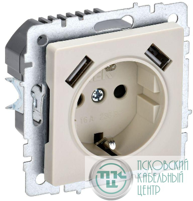 Розетка BRITE РЮш10-1-БрКр 16А с USB A+A 2.1А с заземл. защ. шторки механизм беж. IEK BR-R14-16-U21-D21-K10