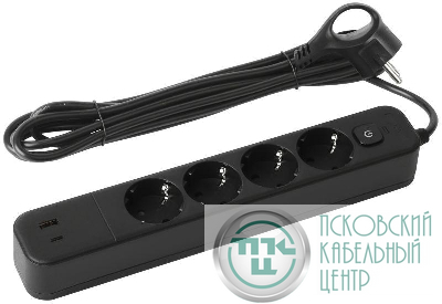 Удлинитель с сетевым фильтром 4х3м с заземл. 10А USF-4es-3m-2xUSBAC-B +2xUSBA+C 3.1A с выкл. с базов. защитой Эра Б0059574