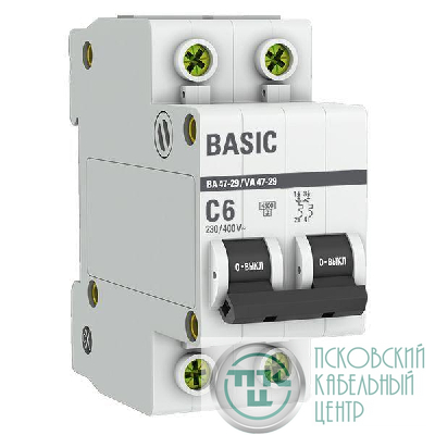 Выключатель автоматический модульный 2п C 6А 4.5кА ВА 47-29 Basic EKF mcb4729-2-06C