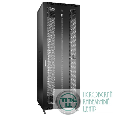 Шкаф монтажный телекоммуникационный напольн. ND-05C-47U80/80-BK 19дюйм 47U 800х800х2277мм для распределит. и серверн. оборудования; передн. и задн. перфорир. двери ручка с замком RAL 9004 черн. Cabeus 8569c