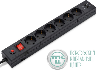 Удлинитель с сетевым фильтром 6х1.8м с заземл. 10А IP20 BU-SP1.8_USB_2A 2.2кВт 2хUSB CCA черн. BURO 992310