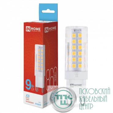 Лампа светодиодная LED-JCD 9Вт капсульная прозрачная 6500К холод. бел. G9 860лм 230В IN HOME 4690612036403