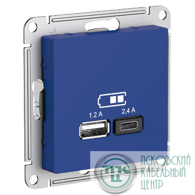 Розетка USB AtlasDesign тип A+C 5В/2.4А 2х5В/1.2А механизм аквамарин SE ATN001139