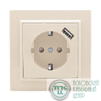 Розетка 1-м СП Минск 16А IP20 с заземл. защ. шторки с заряд. устройством USB 1А беж. EKF ERR16-028-200-USB