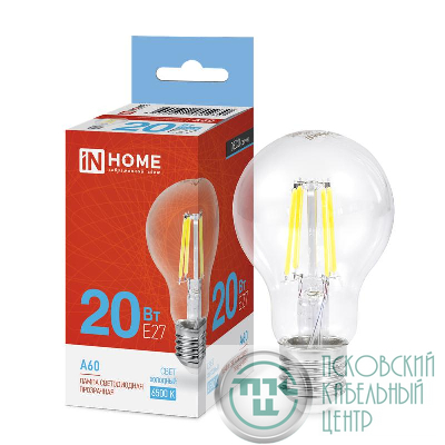 Лампа светодиодная филаментная LED-A60-deco грушевидная прозрачная 20Вт 230В E27 6500К 1890лм IN HOME 4690612055930