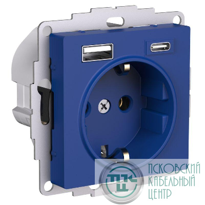 Розетка AtlasDesign 16А с 2-мя заряд. устройствами USB тип A+C 5В/2.4А/3.0А 2х5В/1.5А механизм аквамарин SE ATN001132