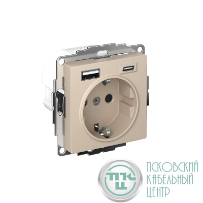 Розетка AtlasDesign 16А с 2-мя заряд. устройствами USB тип A+C 5В/2.4А/3.0А 2х5В/1.5А механизм песочн. SE ATN001232