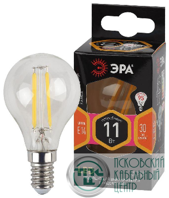 Лампа светодиодная филаментная F-LED P45-11w-827-E14 P45 11Вт шар E14 тепл. бел. ЭРА Б0047012