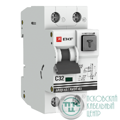 Выключатель автоматический дифференциального тока 2п C 32А 30мА тип A 6кА АВДТ-63 2мод. электрон. PROxima EKF DA63-32-30e
