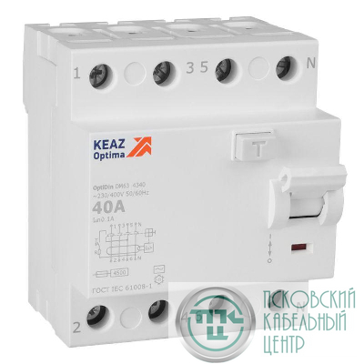 Выключатель дифференциального тока (УЗО) 4п 40А 100мА тип AC 4.5кА OptiDin DM63-4340 УХЛ4 КЭАЗ 343898