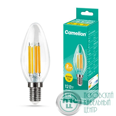 Лампа светодиодная филаментная LED12-C35-FL/830/E14 12Вт свеча прозрачная 3000К тепл. бел. E14 207-244В Camelion 13708